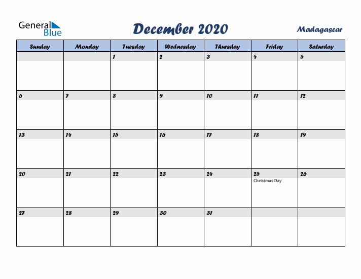 December 2020 Calendar with Holidays in Madagascar