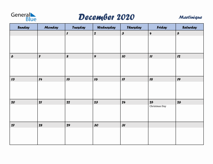 December 2020 Calendar with Holidays in Martinique