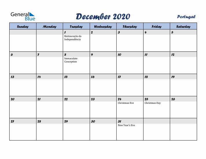 December 2020 Calendar with Holidays in Portugal