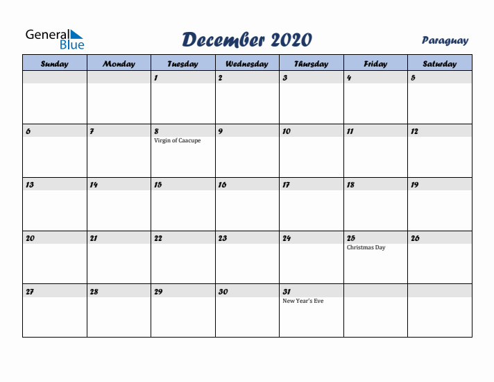 December 2020 Calendar with Holidays in Paraguay