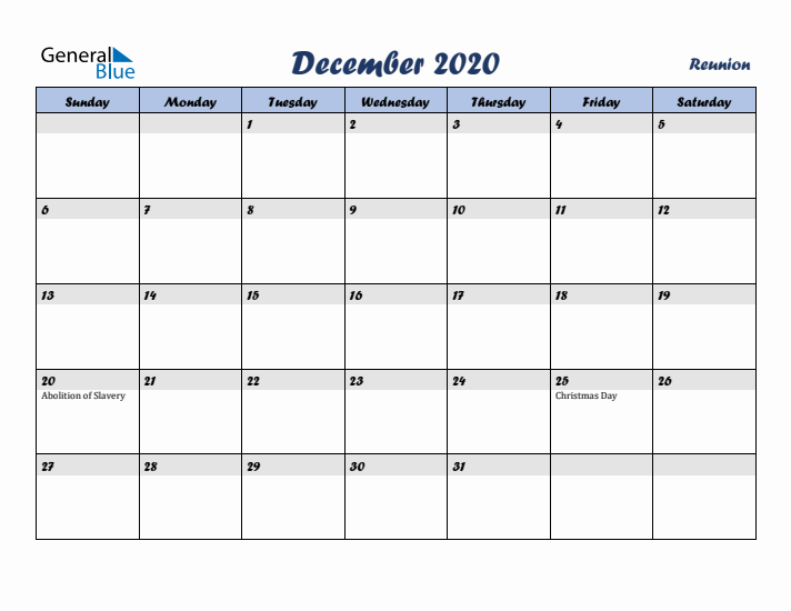 December 2020 Calendar with Holidays in Reunion