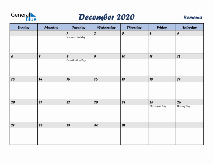 December 2020 Calendar with Holidays in Romania