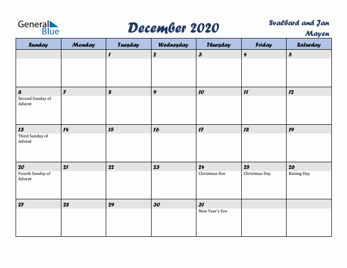 December 2020 Calendar with Holidays in Svalbard and Jan Mayen