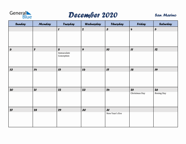 December 2020 Calendar with Holidays in San Marino