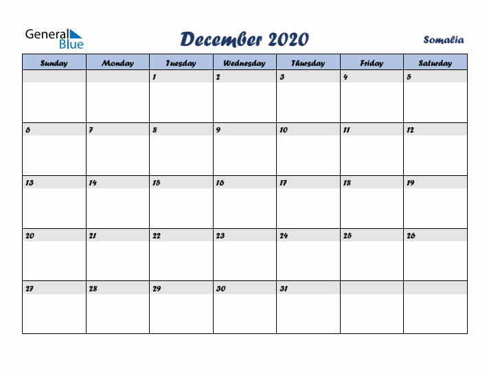 December 2020 Calendar with Holidays in Somalia