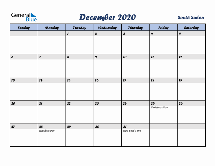 December 2020 Calendar with Holidays in South Sudan