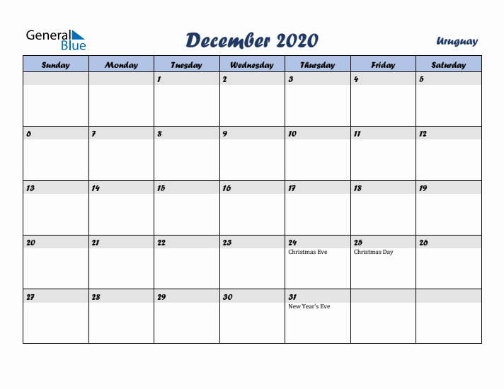 December 2020 Calendar with Holidays in Uruguay