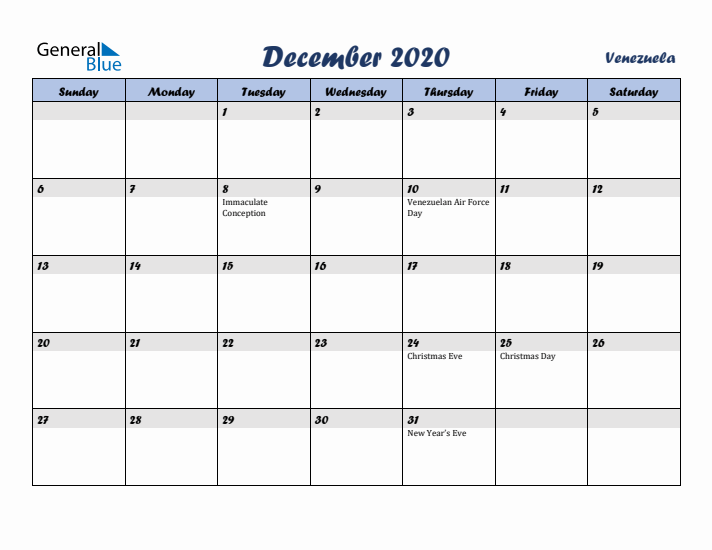 December 2020 Calendar with Holidays in Venezuela