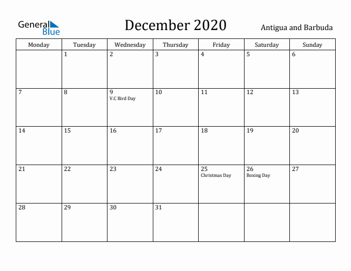 December 2020 Calendar Antigua and Barbuda