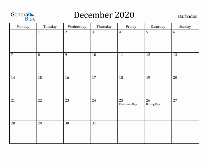 December 2020 Calendar Barbados