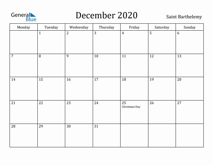 December 2020 Calendar Saint Barthelemy