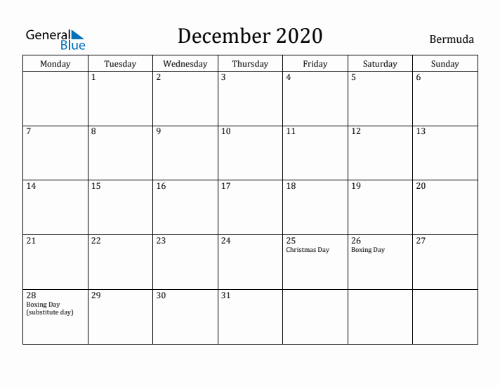 December 2020 Calendar Bermuda