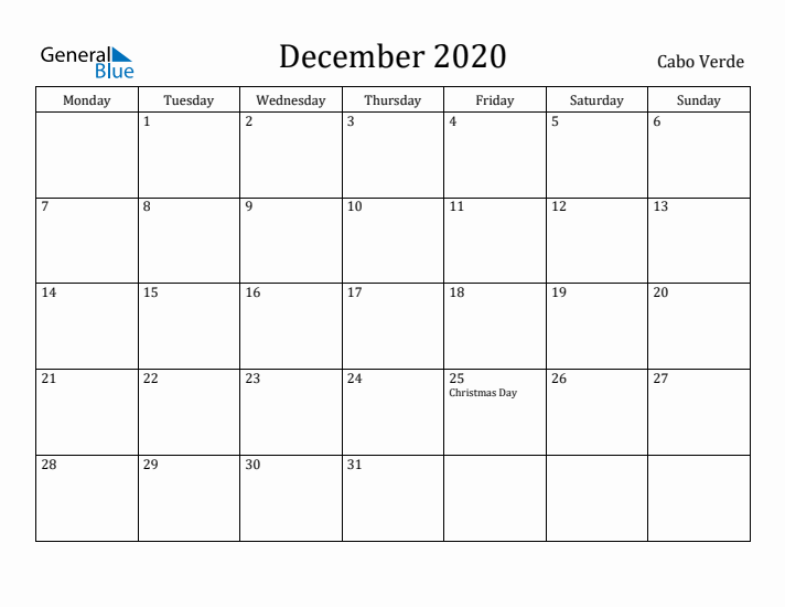 December 2020 Calendar Cabo Verde