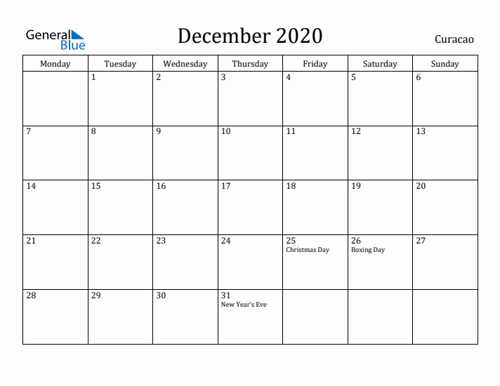 December 2020 Calendar Curacao