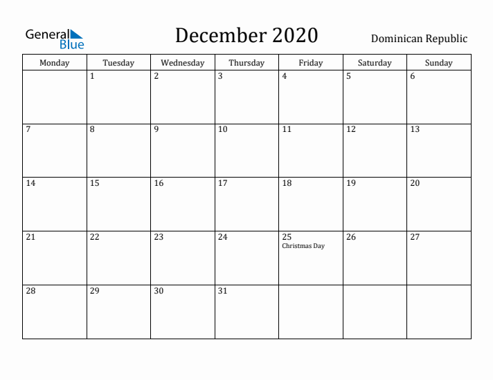 December 2020 Calendar Dominican Republic