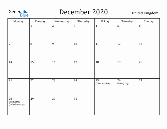 December 2020 Calendar United Kingdom