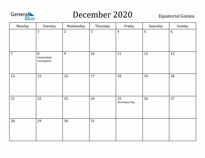 December 2020 Calendar Equatorial Guinea