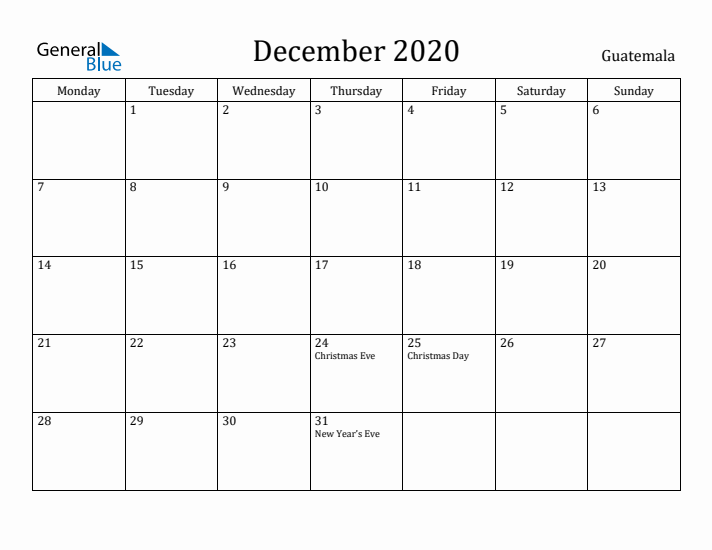 December 2020 Calendar Guatemala