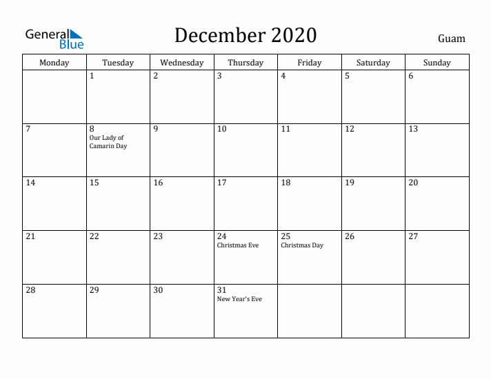 December 2020 Calendar Guam