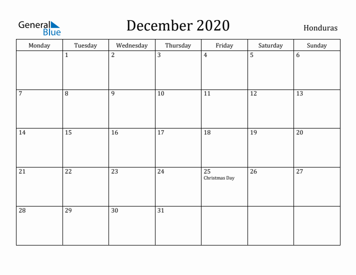 December 2020 Calendar Honduras