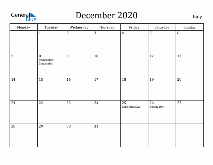 December 2020 Calendar Italy