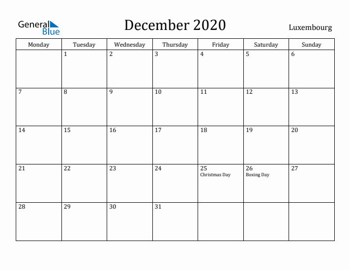 December 2020 Calendar Luxembourg