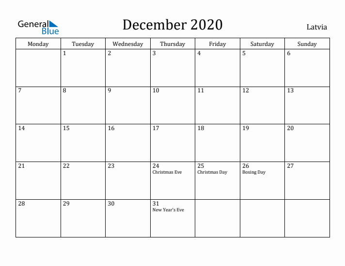 December 2020 Calendar Latvia