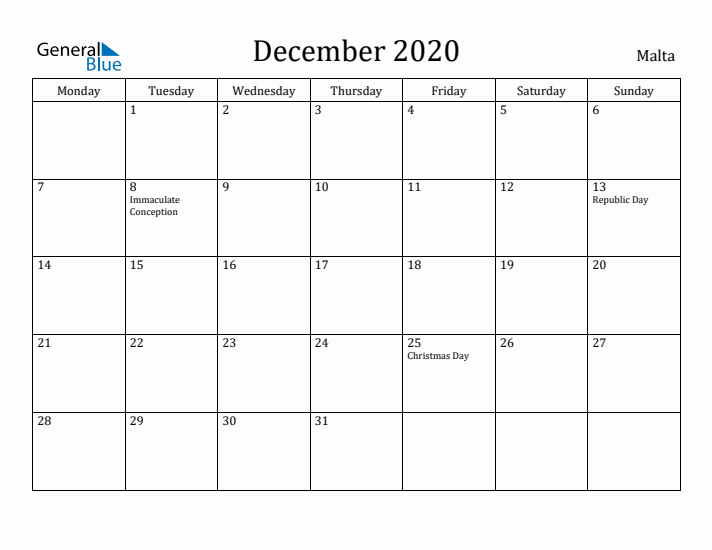 December 2020 Calendar Malta