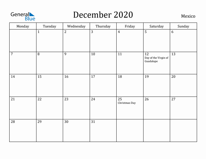 December 2020 Calendar Mexico