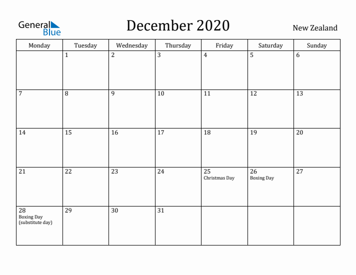 December 2020 Calendar New Zealand