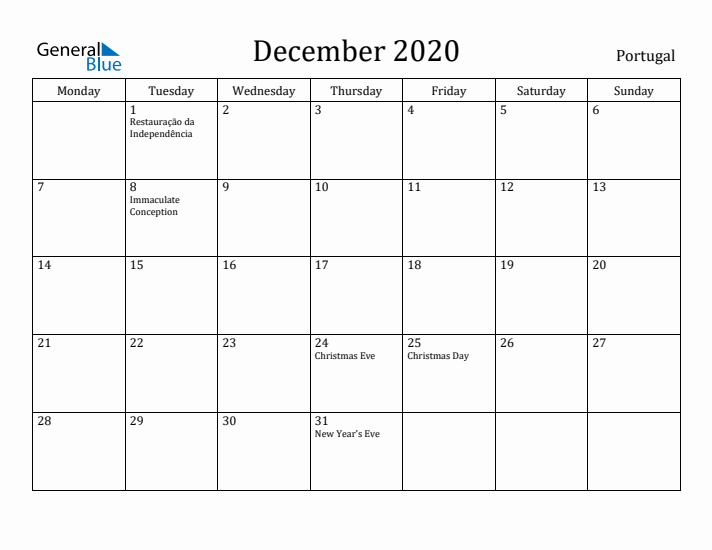 December 2020 Calendar Portugal