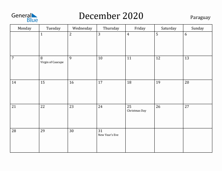 December 2020 Calendar Paraguay