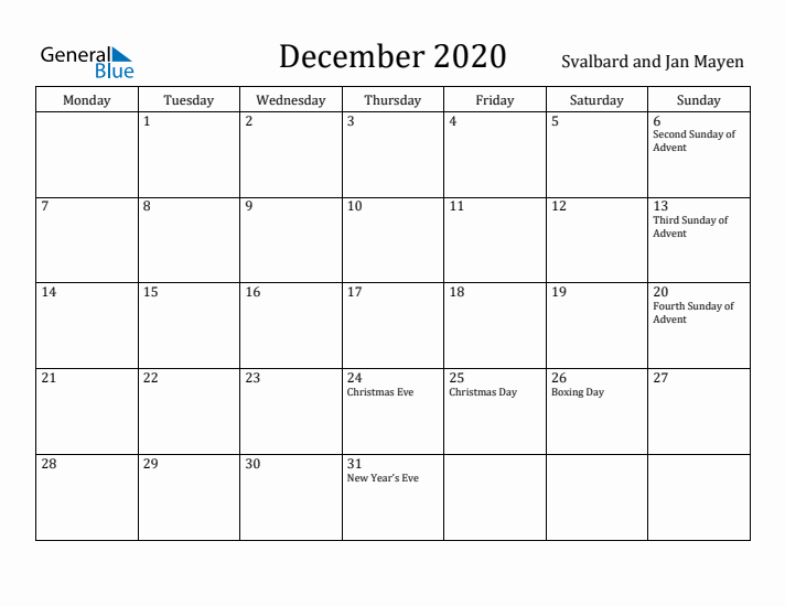 December 2020 Calendar Svalbard and Jan Mayen