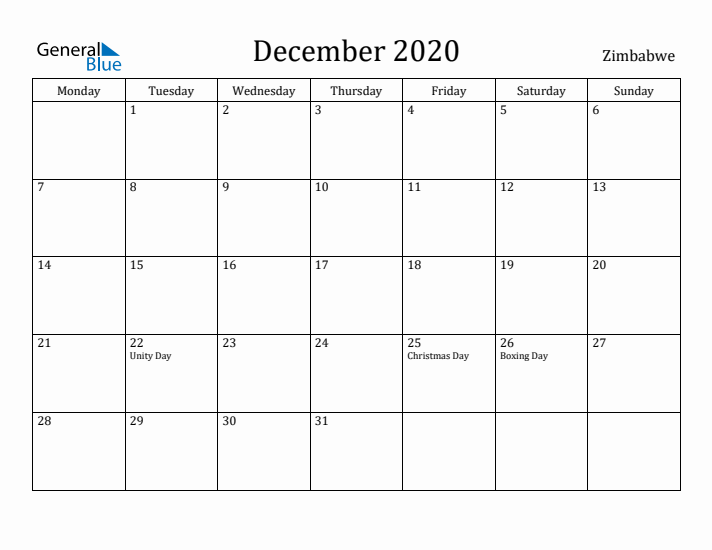 December 2020 Calendar Zimbabwe