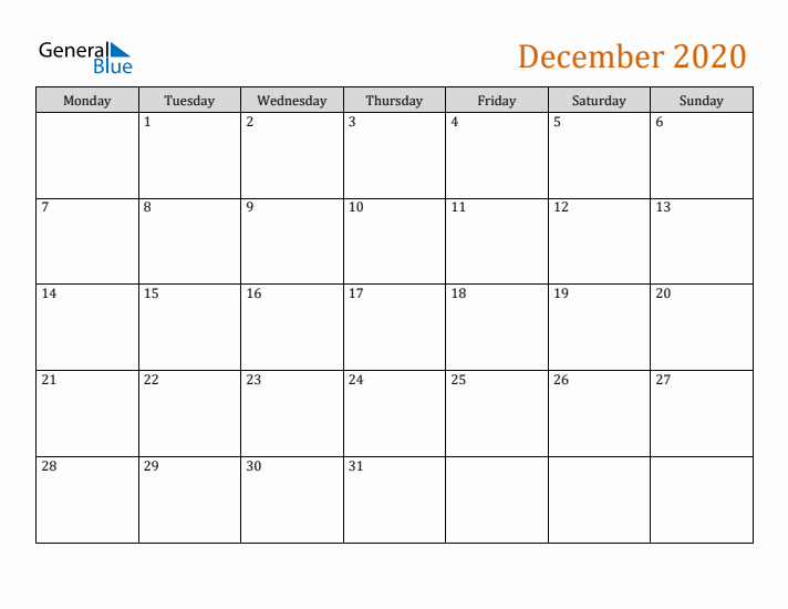 Editable December 2020 Calendar