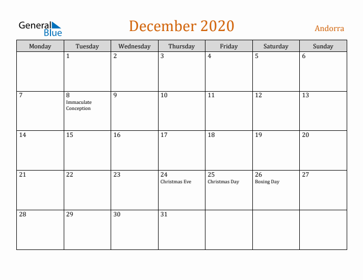 December 2020 Holiday Calendar with Monday Start