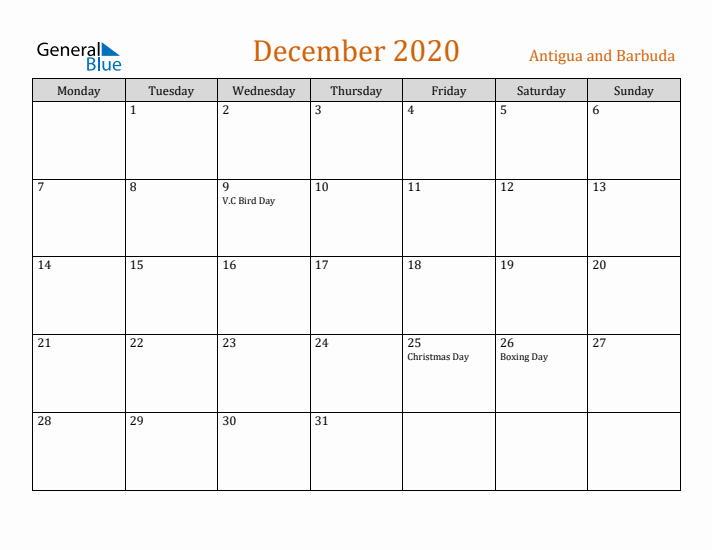 December 2020 Holiday Calendar with Monday Start