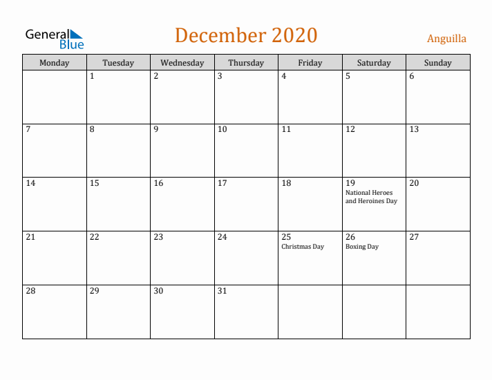 December 2020 Holiday Calendar with Monday Start