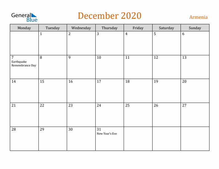 December 2020 Holiday Calendar with Monday Start