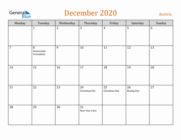 December 2020 Holiday Calendar with Monday Start