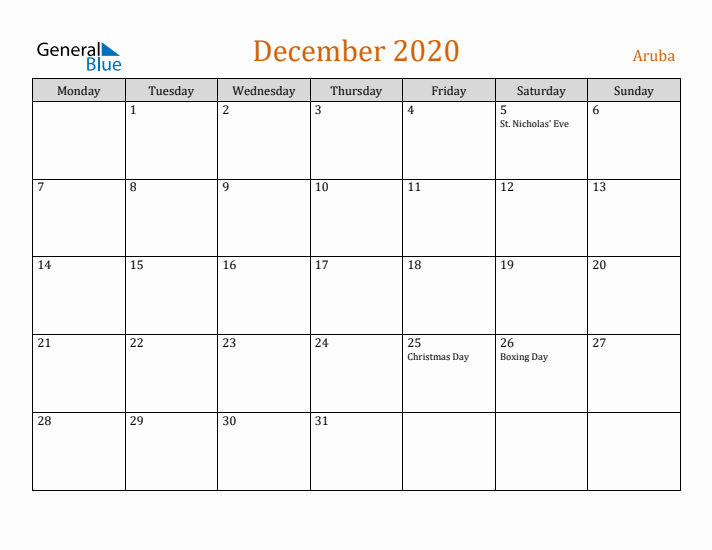 December 2020 Holiday Calendar with Monday Start