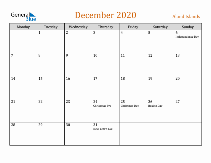 December 2020 Holiday Calendar with Monday Start