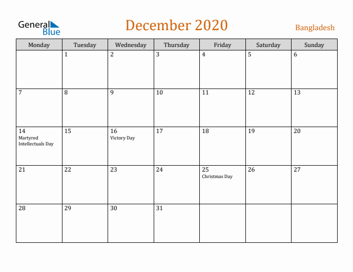 December 2020 Holiday Calendar with Monday Start