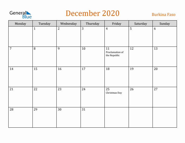 December 2020 Holiday Calendar with Monday Start