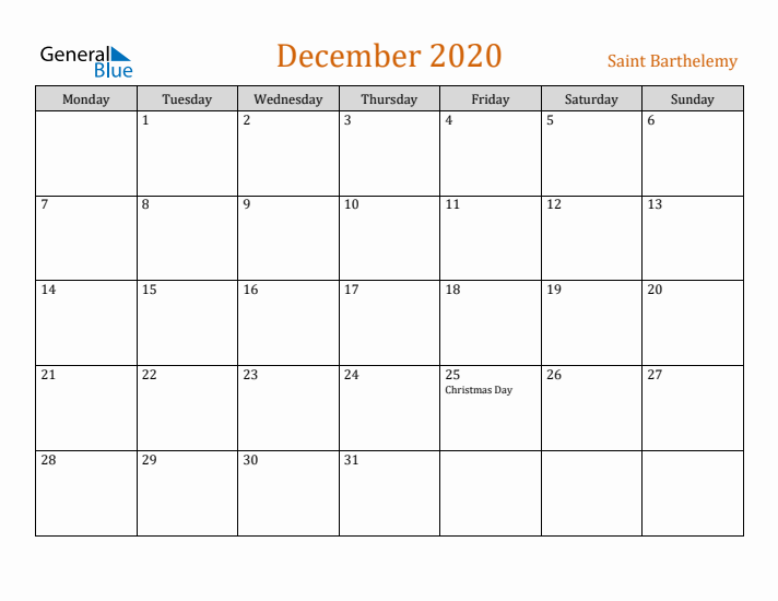 December 2020 Holiday Calendar with Monday Start