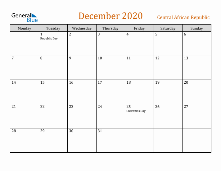 December 2020 Holiday Calendar with Monday Start