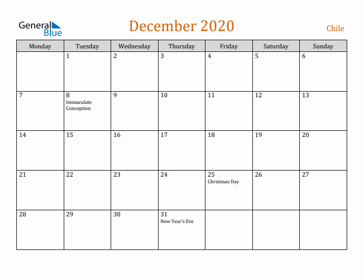 December 2020 Holiday Calendar with Monday Start