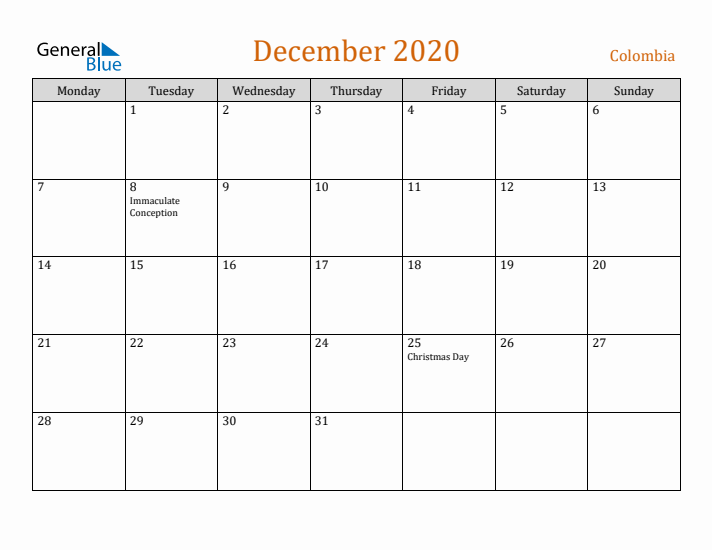 December 2020 Holiday Calendar with Monday Start