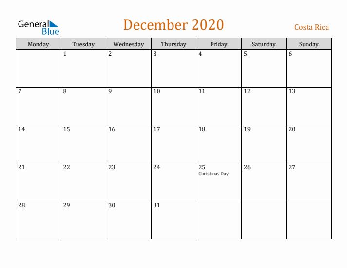 December 2020 Holiday Calendar with Monday Start