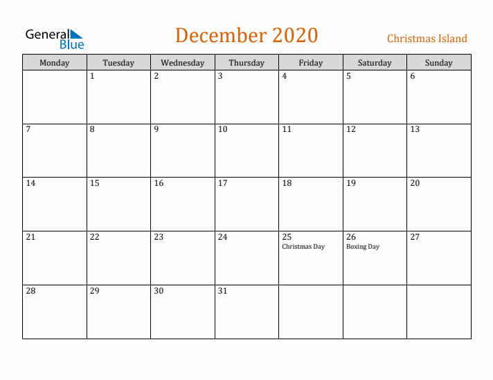 December 2020 Holiday Calendar with Monday Start